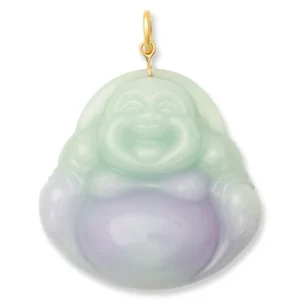 GREEN & LAVENDER JADEITE JADE 18K YELLOW GOLD CARVED BUDDHA PENDANT UPC #397101