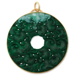 18K YELLOW GOLD GREEN JADEITE JADE CARVED DISC PENDANT UPC #396920